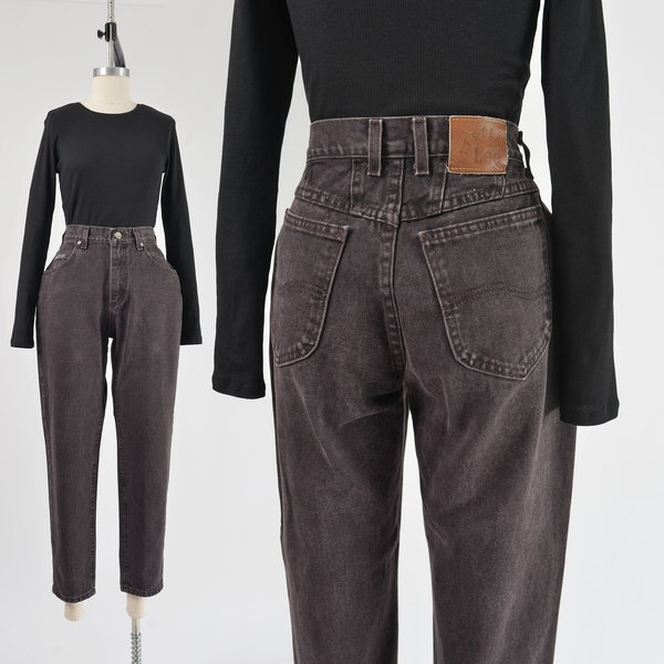 High Waisted Brown Jeans 90s Vintage Lee Riveted Tapered Leg Ankle Length Mom Jeans size S M 27 28 waist