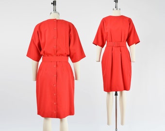 Vintage 80s Red Wool Dress Dolman Sleeve Cinch Waist Belted Dress with Pockets size S