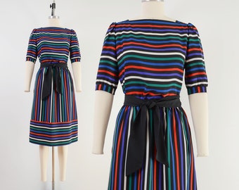 Striped Skirt and Top Set | 80s Vintage Puff Sleeve Blouse Silky Skirt with Tie Belt size XS 25 waist