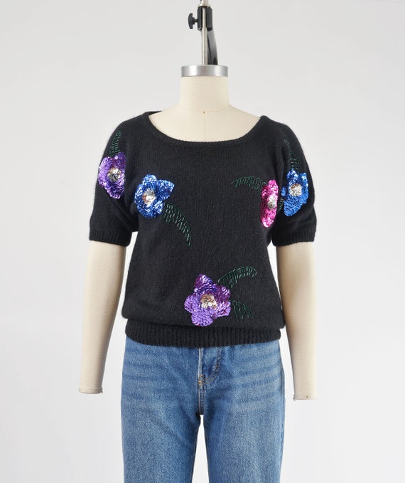 Cute Black Floral Beaded Sweater 80s Vintage Silk… - image 2