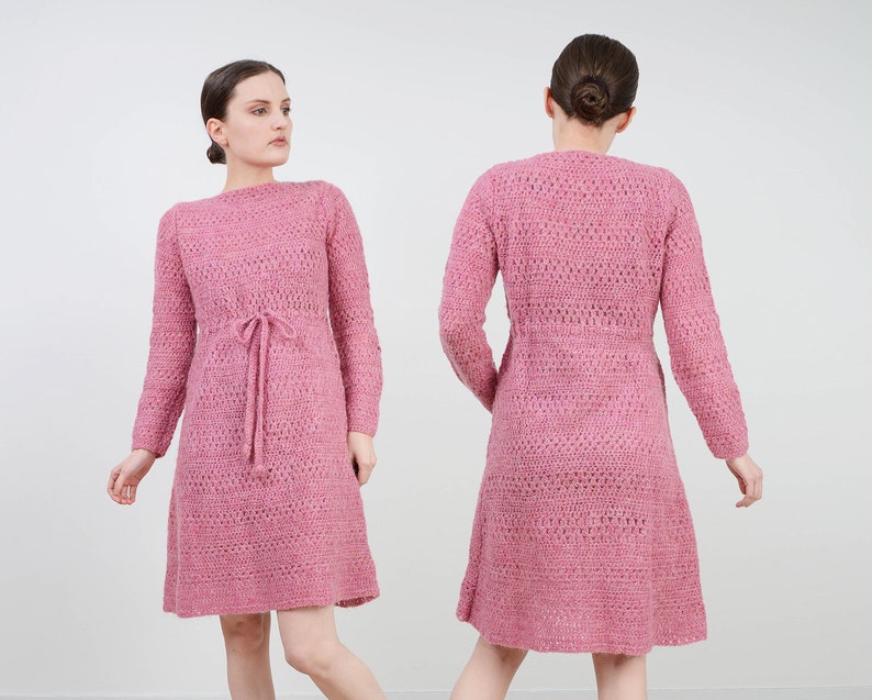 Semi Sheer Hand Knit Mohair Wool Dress Vintage Pink Crochet Dress size S M