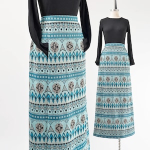 Boho Striped Maxi Skirt size XS S | 70s Vintage Blue and Black Tribal Print Skirt Long Knit Skirt with Pockets