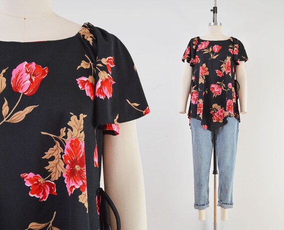Boho Black Floral Top 70s Vintage 