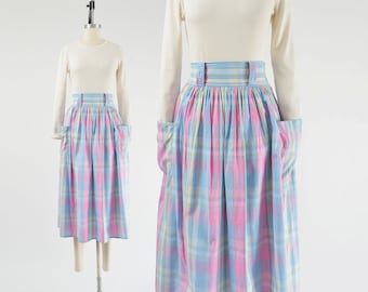 Pastel Plaid Skirt 80s does 50s Vintage High Waisted Full Cotton Midi Skirt with Pockets size M
