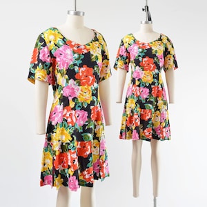 Colorful Floral Dress size Medium | Vintage 90s Dropped Waist Shift Dress with Pleated Hem Botanical Garden Dress M