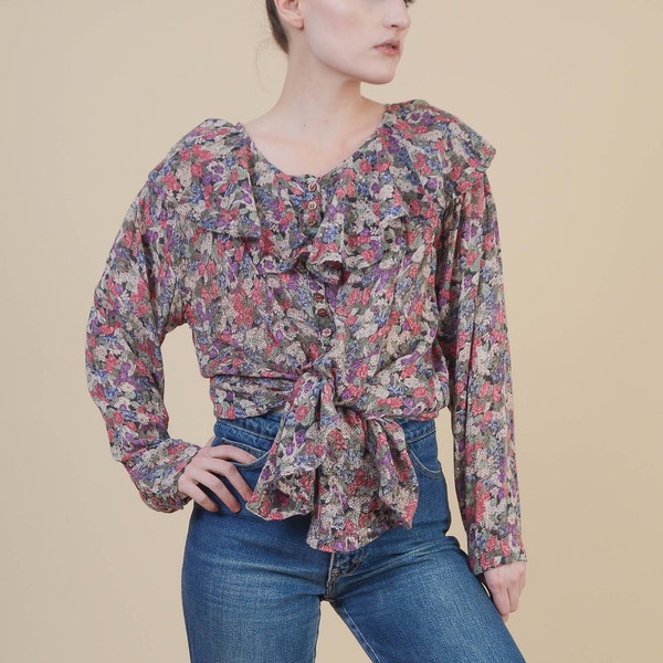 Vintage 90s Floral Blouse | size M L | Boho Semi Sheer Cotton Gauze Oversized Frilly Ruffle Collar Shirt | made in India | Medium Large