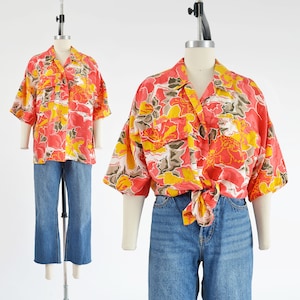Abstract Floral Print Shirt size M L | Vintage 90s Silk Collared Top Button Down Short Sleeve Blouse