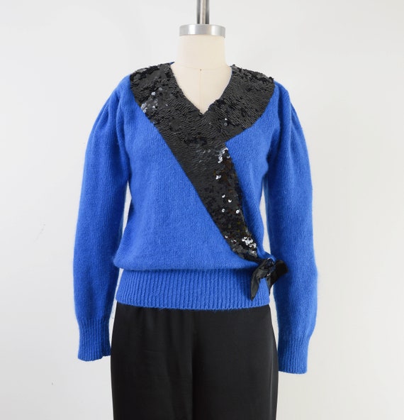 Blue Silk Angora Sweater Vintage 80s Sequin Sweat… - image 4