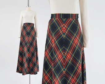 Black Tartan Plaid Skirt 70s Vintage Scottish Wool A-line Skirt High Waisted Long Skirt size XS 25