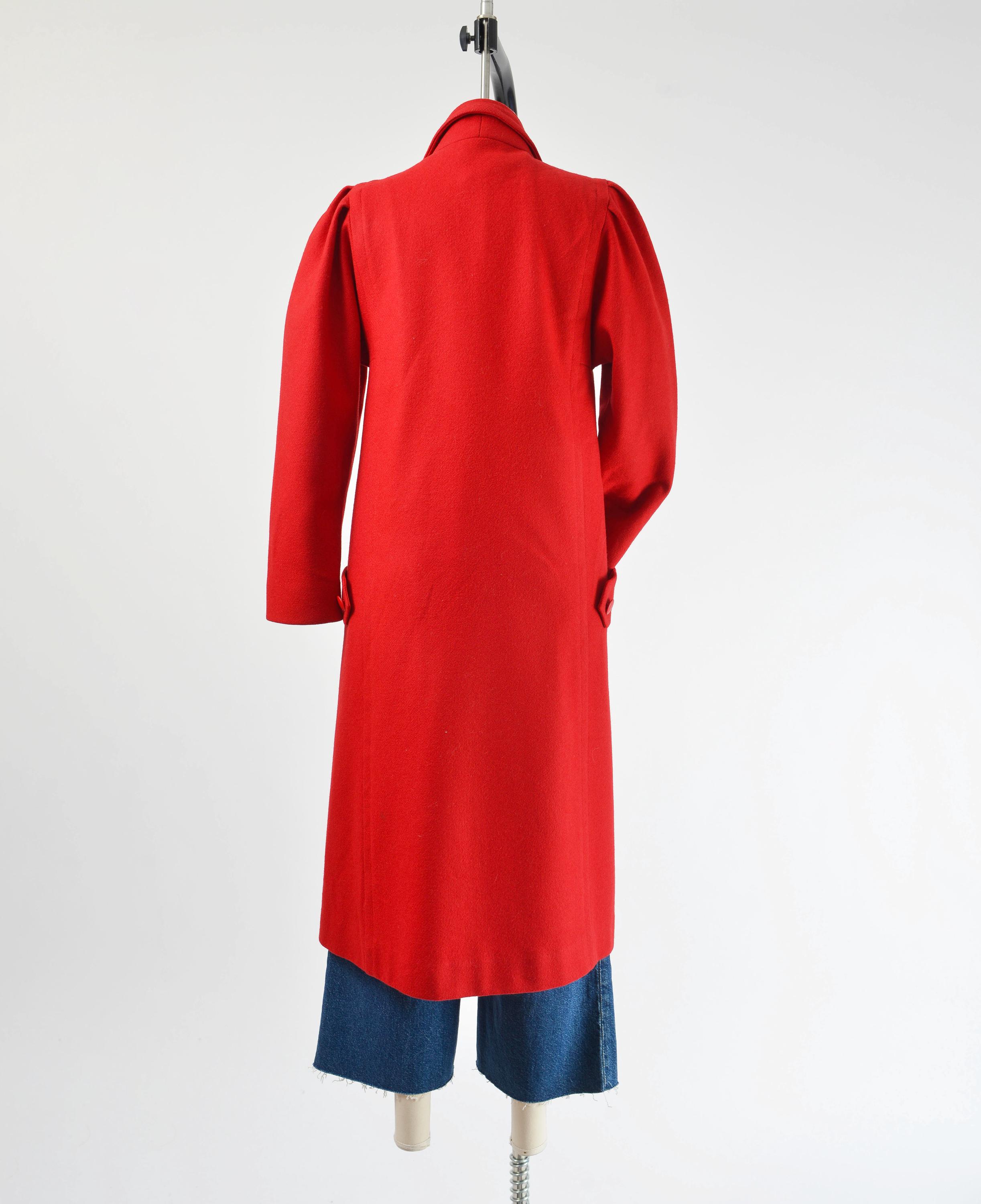 80s Red Wool Coat XS S | Vintage Double Breasted Puff Sleeve Long