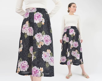 Painterly Floral Skirt size Medium | 80s Vintage A-line Pleated Front Midi Skirt Gray White Purple