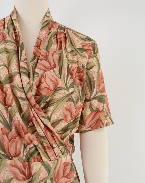Floral Tulip Print Blouse 80s Vintage Draped Wrap… - image 6