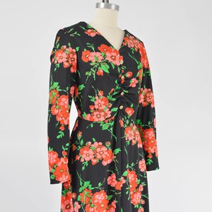 Black Floral Maxi Dress 70s Vintage Mod Long Sleeve Fit and Flare Formal Party Dress Pink Green size M image 6