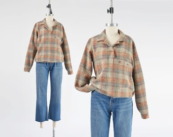 Plaid Pullover Shirt 70s Vintage Tweed Wool Collared Henley Long Sleeve Top by Ann Taylor size M