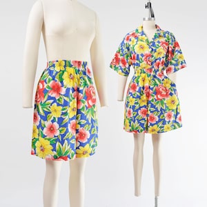 Tropical Floral Print Shorts and Top Set size Medium | Vintage 80s Oversized Button Down Shirt Elastic Waist Shorts Two Piece Ensemble