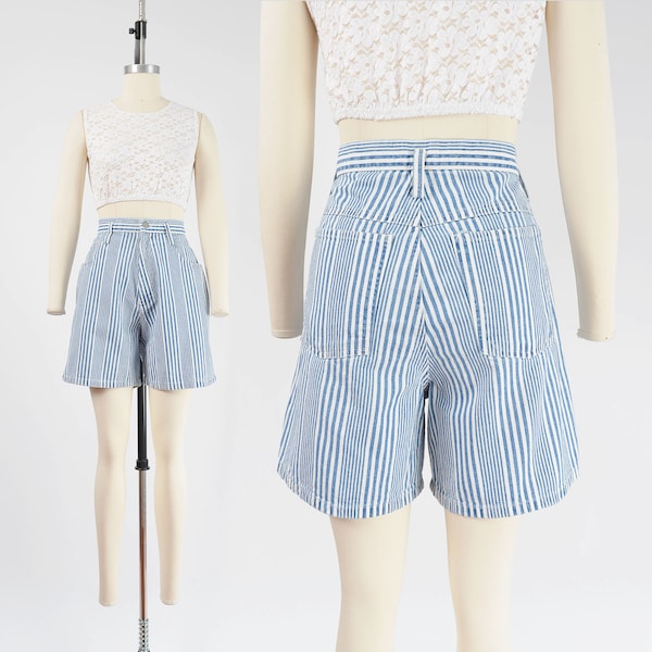 Vintage 90s Railroad Striped Jean Shorts Blue and White High Waist Cotton Denim Shorts size L 32 waist