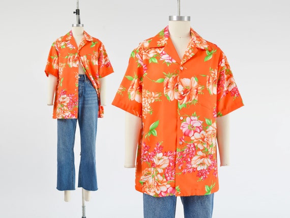 Orange Floral Hawaiian Shirt 70s Vintage Hilo Hat… - image 1