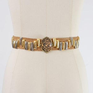 Vintage 80s Tan Leather Statement Belt Leopard Animal Print Cameo Belt size M L