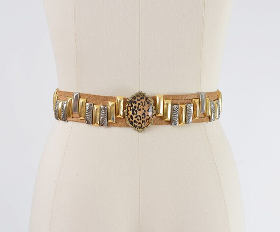 Vintage 80s Tan Leather Statement Belt Leopard Animal Print 
