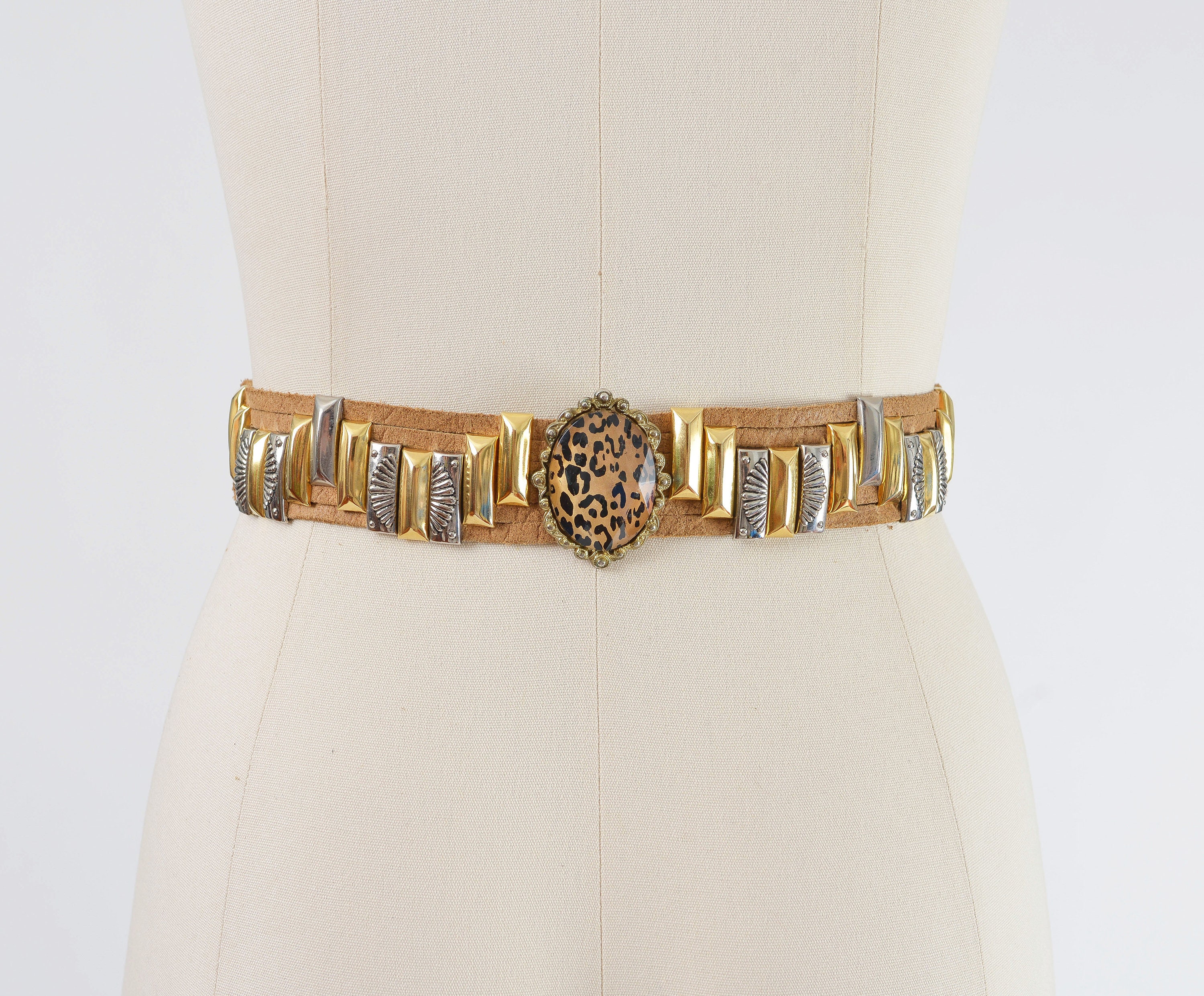 Vintage gold leopards 80s wide belt black Austrian Vintage Leopard Print Rhinestone Belt: Leather Rock Glam  main image 2