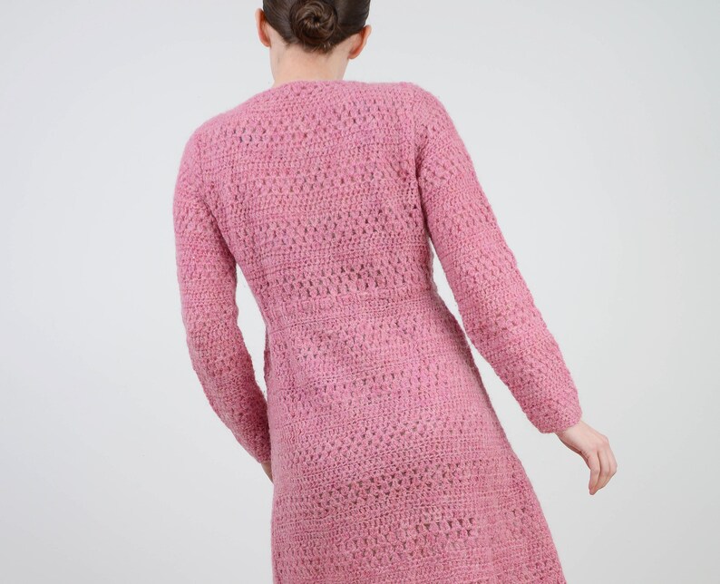 Semi Sheer Hand Knit Mohair Wool Dress Vintage Pink Crochet Dress size S M
