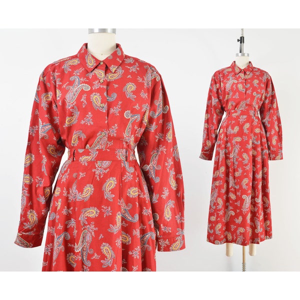 Red Paisley Skirt and Blouse Set 90s Vintage Cotton Collared Button Down Shirt Full Pleated Midi Skirt size M L