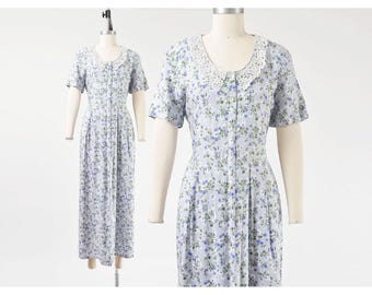 Vintage 90s Blue Floral Button Down Maxi Dress with Lace Collar size M