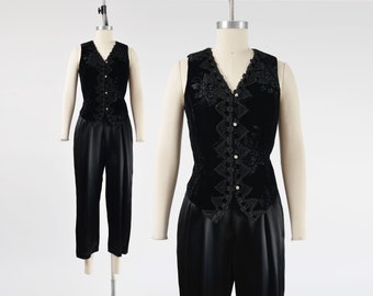 Black Satin Jumpsuit 90s Vintage Burnout Velvet Vest Tapered Leg Ankle Length Pantsuit Button Up Romper XS S