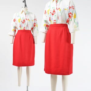 Red Wool Skirt size Medium | Vintage 90s High Waisted Knee Length Classic 1980s Pencil Skirt Deadstock