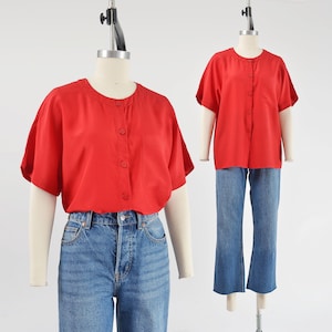 Cherry Red Silk Blouse size Medium | 90s Vintage Classic Minimalist Slouchy Short Sleeve Button Down Shirt