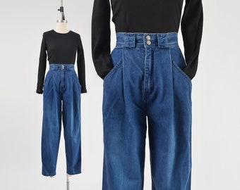 Calvin Klein Trousers 80s 90s Vintage Dark Wash Denim High Waisted Pleated Front Tapered Leg Pants 25 waist