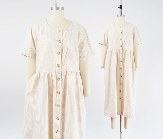 Gingham Linen Cotton Babydoll Dress | 90s Vintage… - image 1