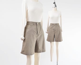 Taupe Brown Shorts Medium | 90s Vintage Linen Cotton Blend High Waisted Knee Length Shorts 30 waist