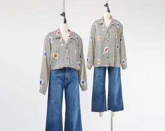 Vintage 80s Houndstooth Satin Blouse | Jewel Tone Abstract Print Retro Button Down Silky Shirt size Large