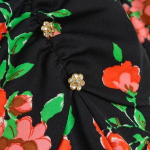 Black Floral Maxi Dress 70s Vintage Mod Long Sleeve Fit and Flare Formal Party Dress Pink Green size M image 4