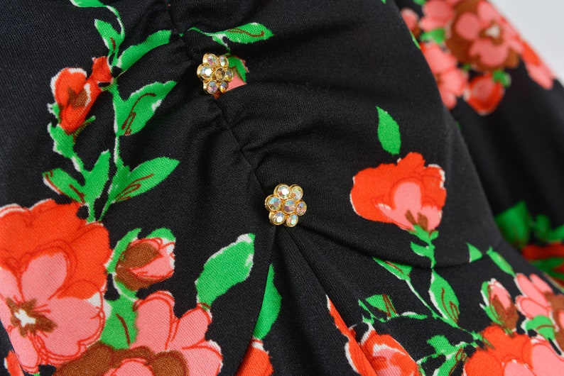 Black Floral Maxi Dress 70s Vintage Mod Long Sleeve Fit and Flare Formal Party Dress Pink Green size M image 4