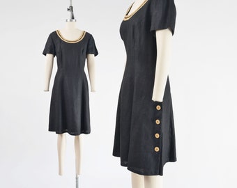 Black Linen Dress 90s Vintage Minimal Short Sleeve Scoop Neck Fit and Flare Shift Dress size L