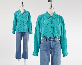Teal and Black Retro Blouse size M L | Vintage 80s Button Down Nipped Waist Long Sleeve Silky Top