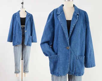 Denim Blazer | 90s Vintage Cotton Blue Jean Jacket with Pockets size Medium