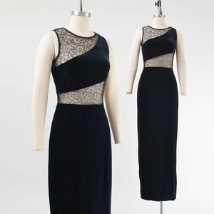 Black Velvet Maxi Dress size XS S | Vintage 90s Sheer Mesh Cut Out Tight Stretch Velvet Floor Length Dress