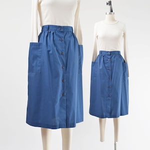 Navy Blue Skirt size Medium | 70s Vintage Cotton Blend Button Front Midi Skirt with Pockets 29 waist