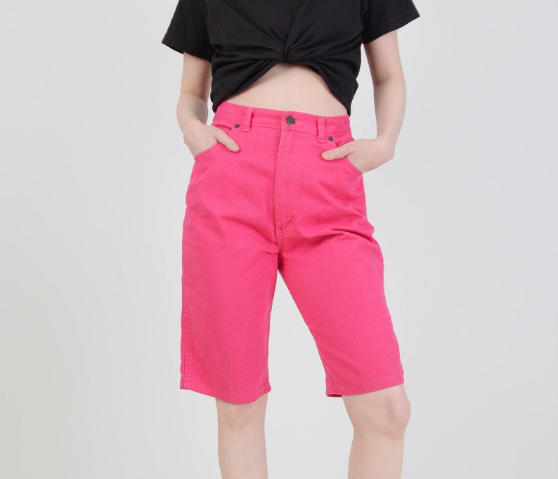 High Waist Knee Length Shorts Vintage 80s Magenta Pink Shorts size M 28 inch waist