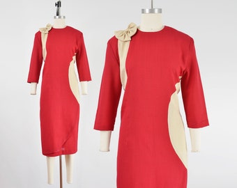 Raspberry Red Color Block Dress size S | 80s Vintage Mod Midi Length Sheath Dress with Bow