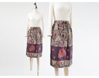 70s Boho Wrap Skirt S M | Vintage Giraffe Peacock Print Cotton Midi Skirt Adjustable Waist Small Medium