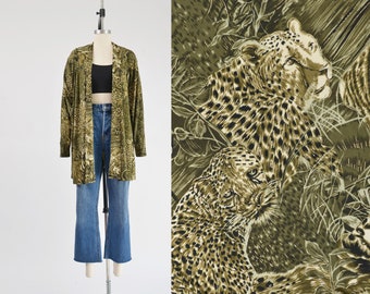 Animal Print Jacket size M L | Vintage 90s Leopard Tiger Slinky Knit Draped Open Front Kimono Jacket Green Metallic Gold