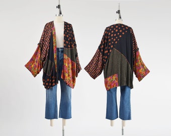 Patchwork Kimono Jacket 80s 90s Vintage Oversized Draped Open Front Boho Jacket Black Pink Orange