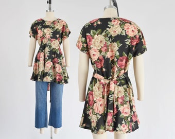 Black Floral Babydoll Top size S M | Vintage 90s Cottagecore Tunic Top Empire Waist Full Mini Dress