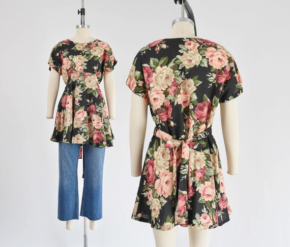 Black Floral Babydoll Tunic Top 90s Vintage Cottagecore Empire Waist Full Mini Dress Size S M Etsy UK
