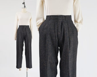 Black and Brown Speckled Wool Trousers 80s Vintage High Waisted Pleated Front Pants size M