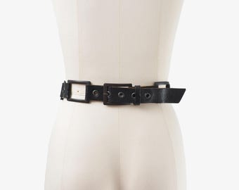 Vintage Black Leather and Metal Belt size M L | Banana Republic Gunmetal Rectangle Buckle Belt made in Italy